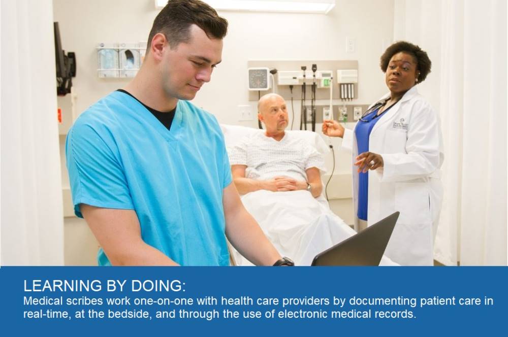 LEARNING BY DOING: Medical scribes work one-on-one with health care providers by documenting patient care in real-time, at the bedside, and through the use of electric medical records.